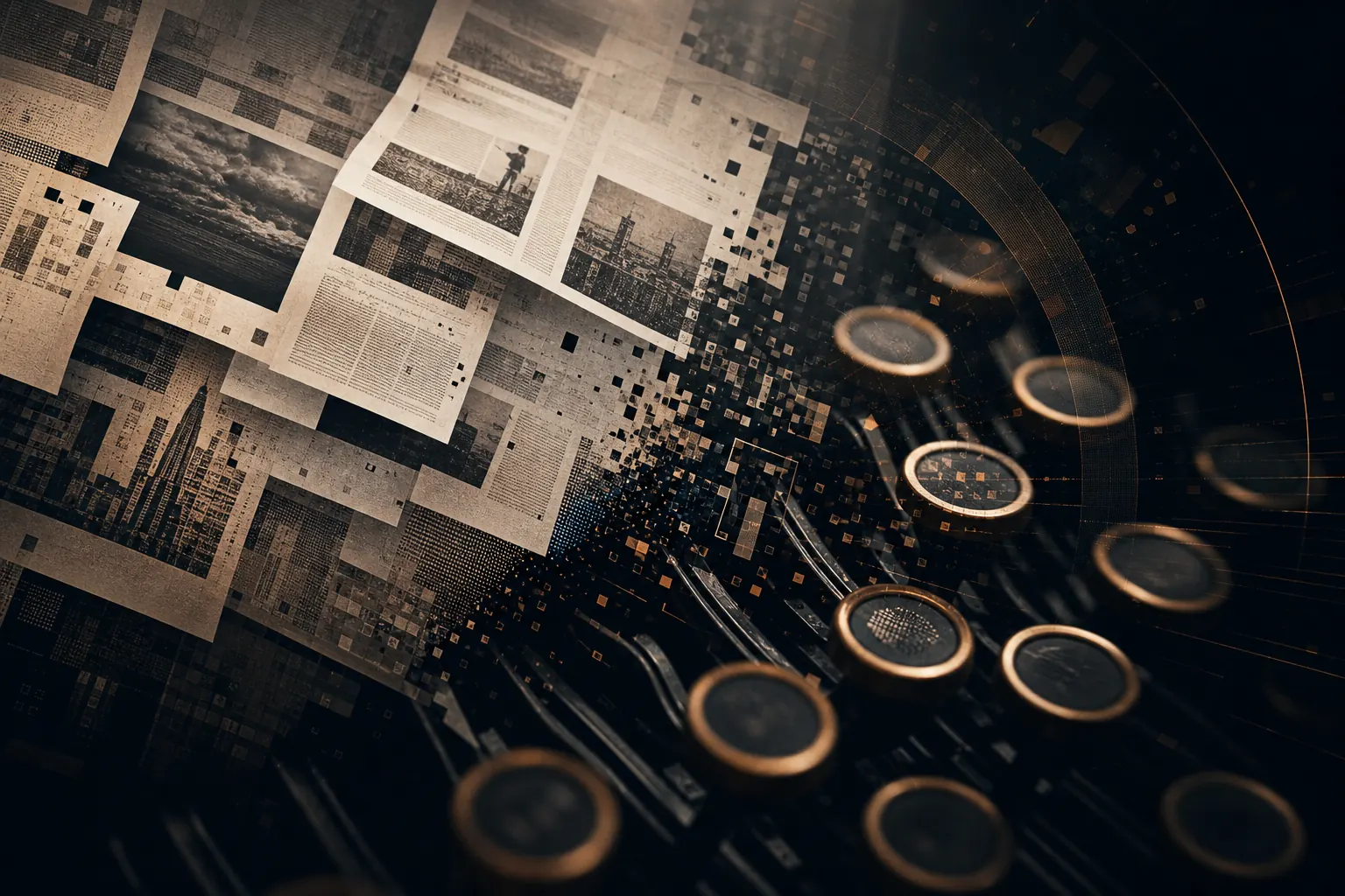 Тёмный editorial-коллаж с диктофоном, газетой и абстрактными элементами AI