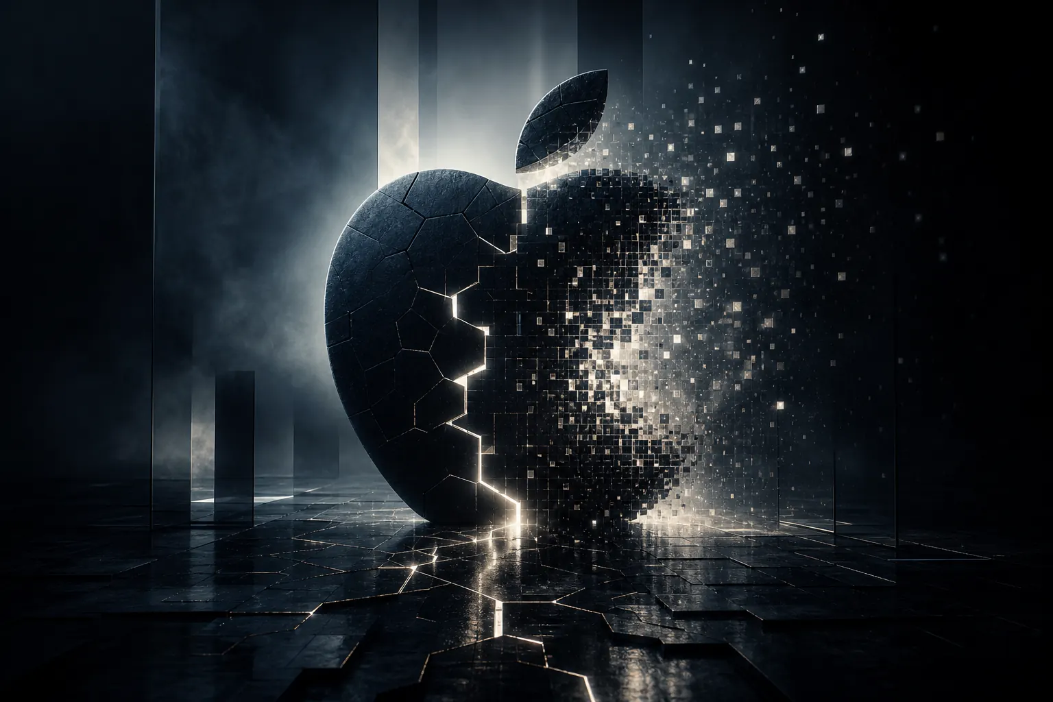 Тёмный editorial-коллаж: силуэт iPhone с подсветкой логотипа Apple и абстрактные геометрические линии, символизирующие искусственный интеллект