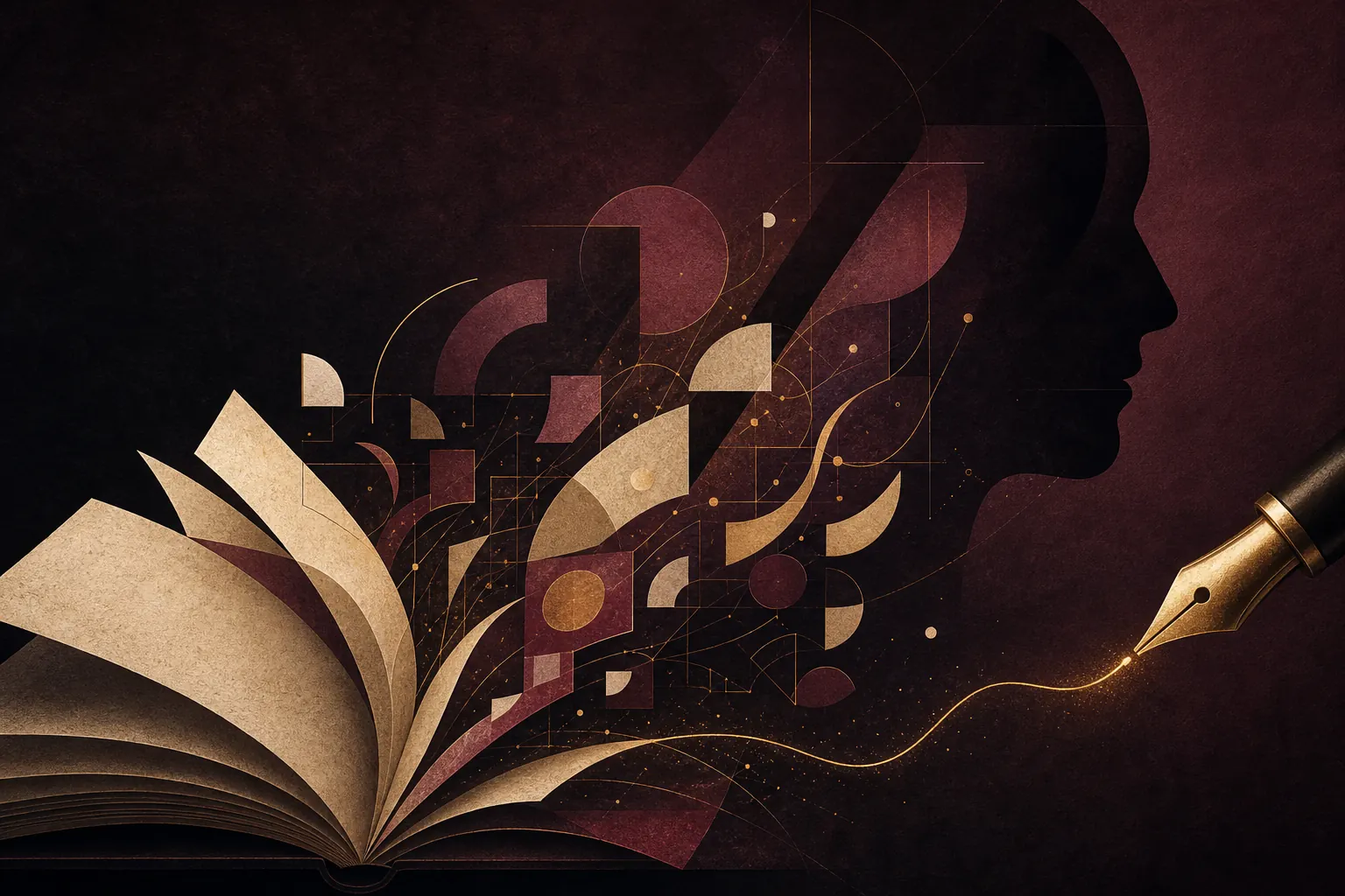 Тёмный editorial-коллаж с раскрытой книгой, рукописью и абстрактными геометрическими элементами